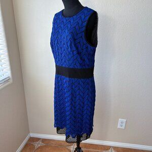 Antonio Melani Blue Lace Sheath Dress Size 14 Women’s Cobalt Black Trim Formal